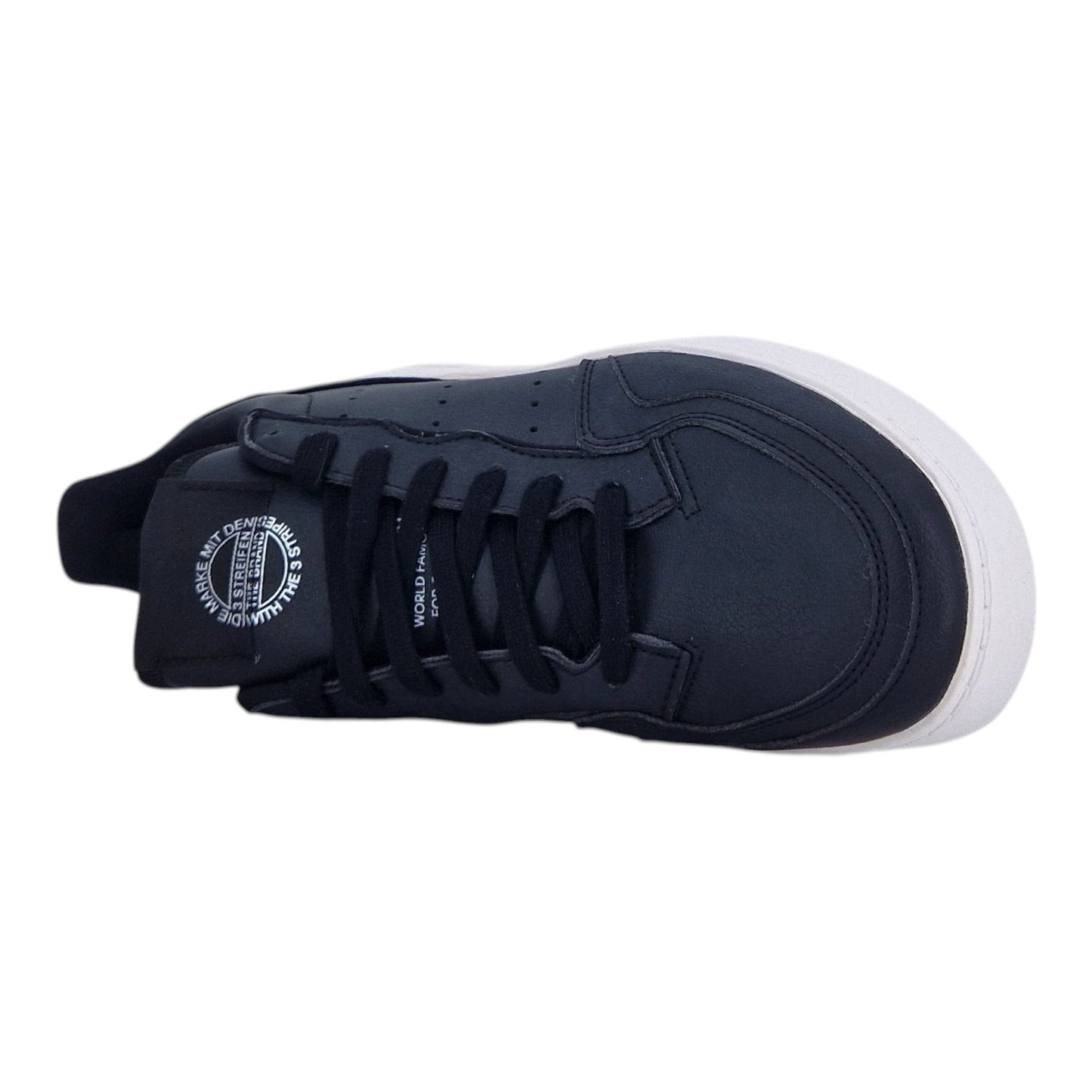 Brand Dealers Arena e.K. black vegan leather Adidas Supercourt sneakers with perforated 3-stripes and white sole.