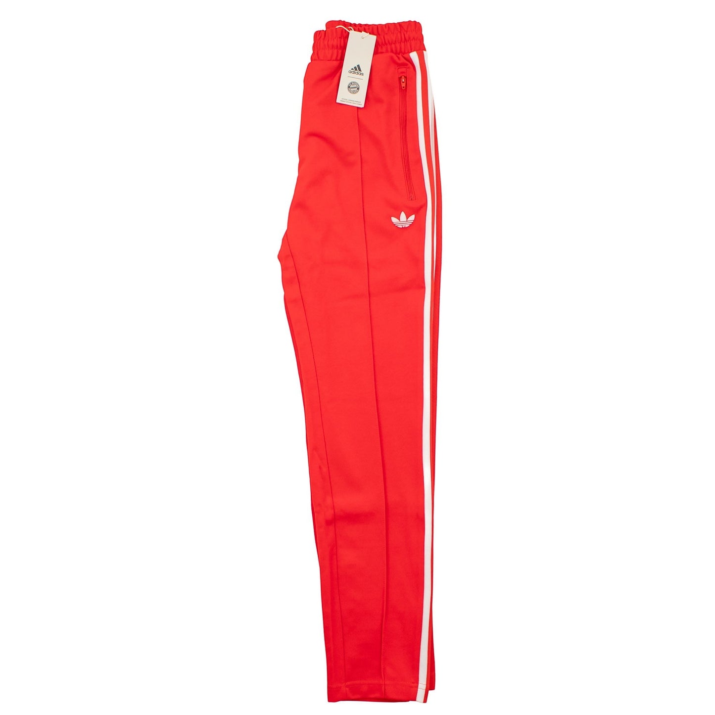 Brand Dealers Arena e.K. red Adidas Originals Beckenbauer track pants with white stripes and FC Bayern logo.