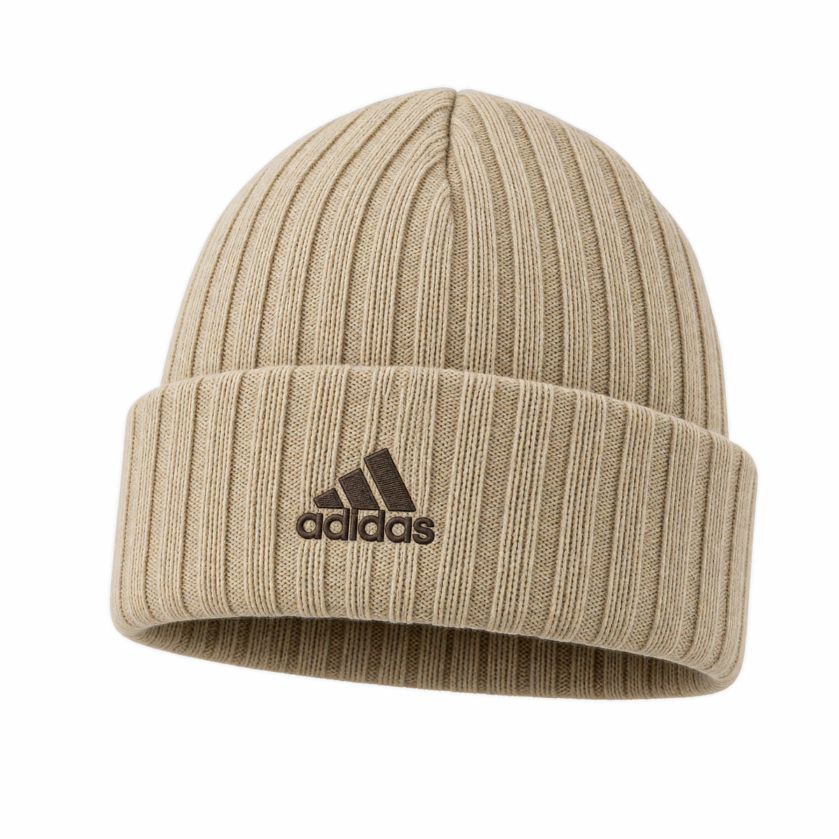 adidas Beanie Rippstrick mit Umschlag in Beige, Vorderansicht mit gesticktem Logo