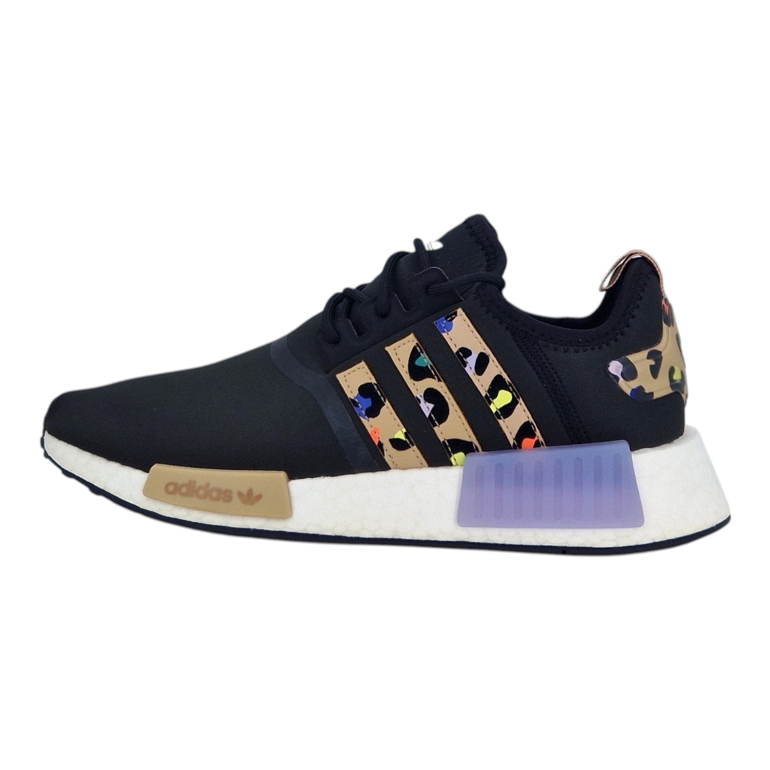 Brand Dealers Arena e.K. - BDA24 Adidas NMD_R1 black textile sneakers with leopard print accents and signature 3-stripes.