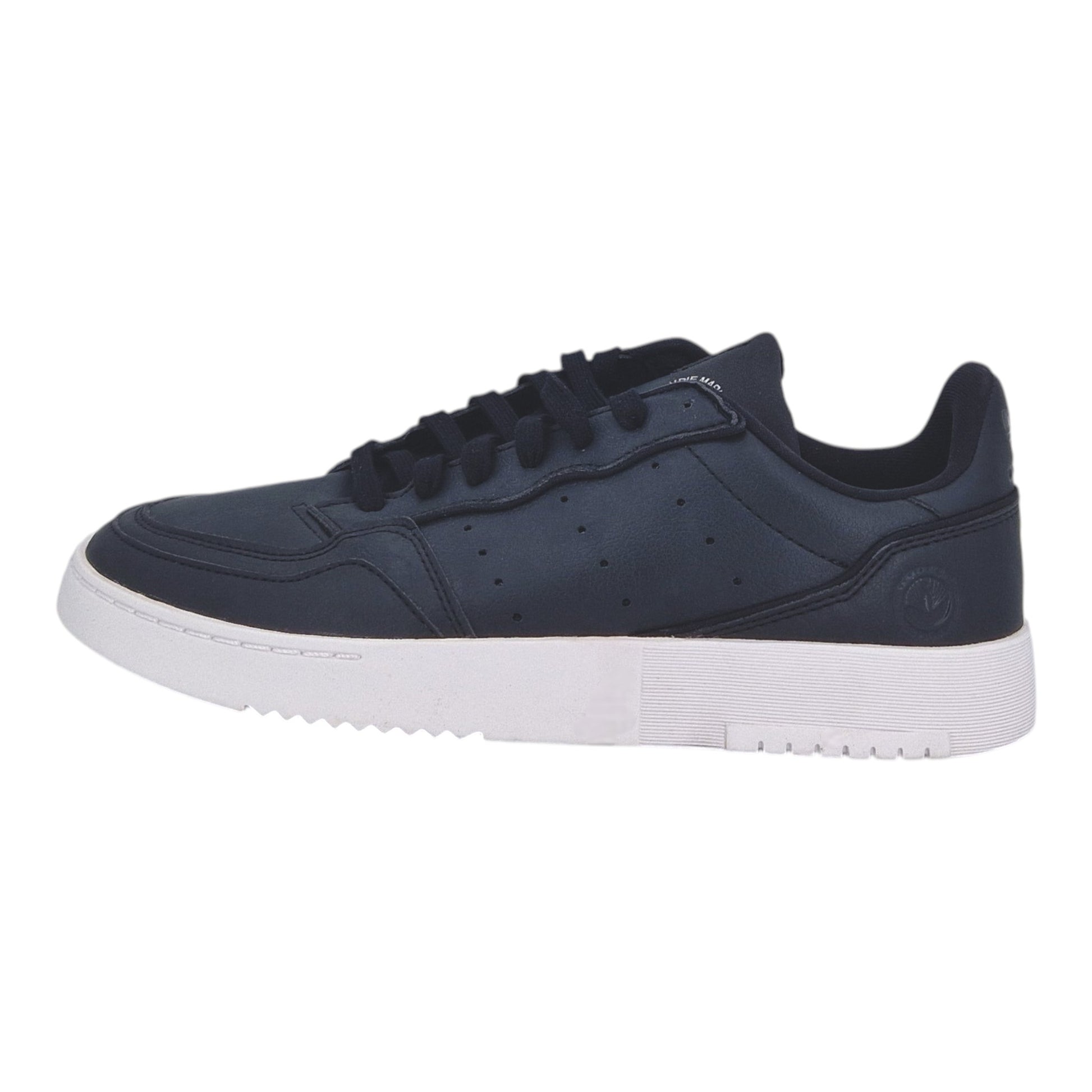 Brand Dealers Arena e.K. - BDA24: Navy blue vegan leather Adidas Supercourt sneakers with white soles and perforated 3-stripes.