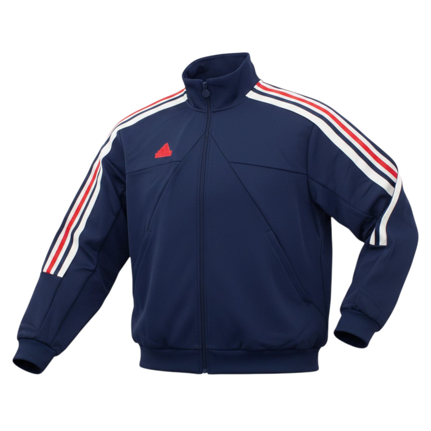 Brand Dealers Arena e.K. navy blue Adidas Tiro track top with red and white stripes on sleeves, stand-up collar, and zip closure.