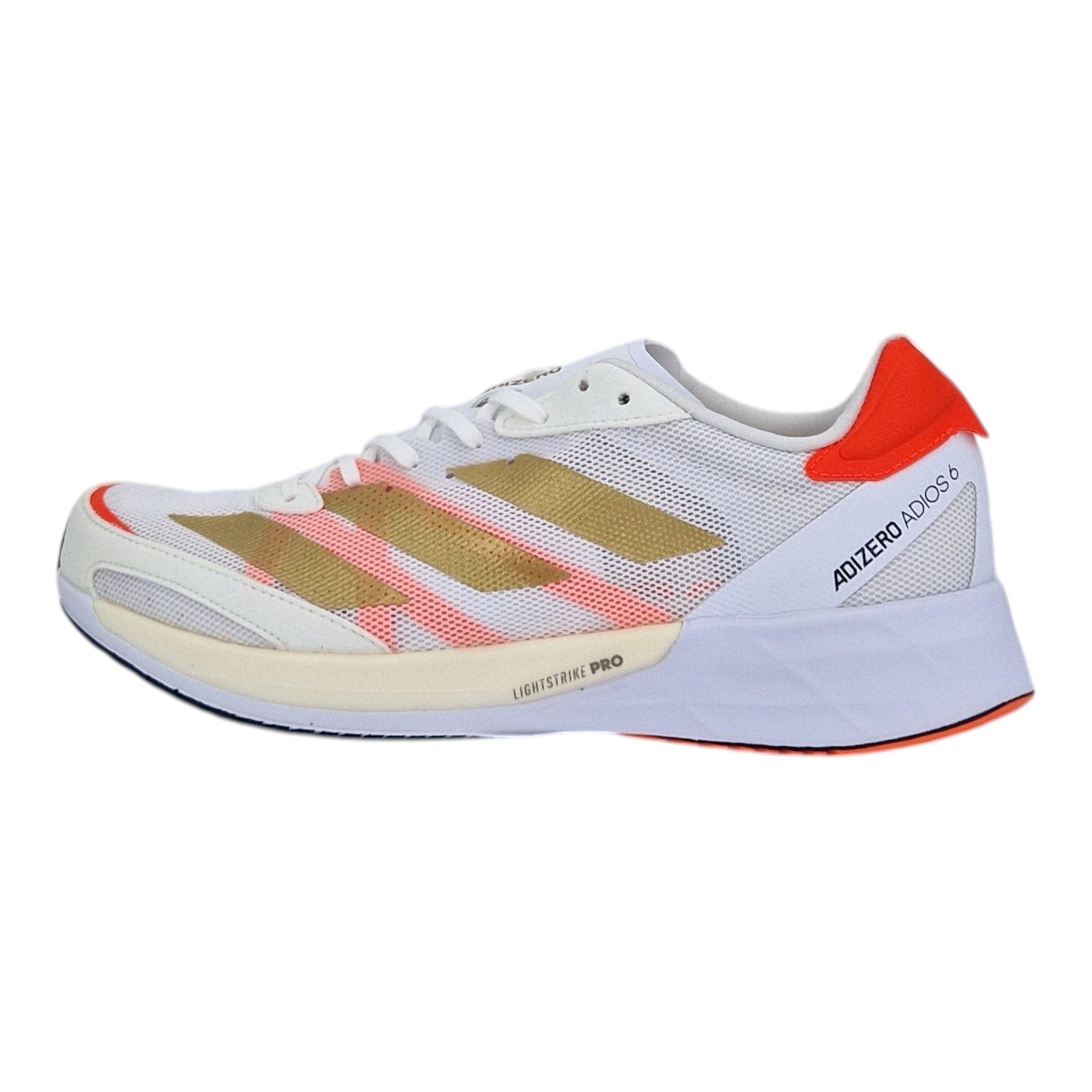 Brand Dealers Arena e.K. white Adidas Adizero Adios 6 running shoes with gold and coral stripes, lace-up closure, and orange heel tab.
