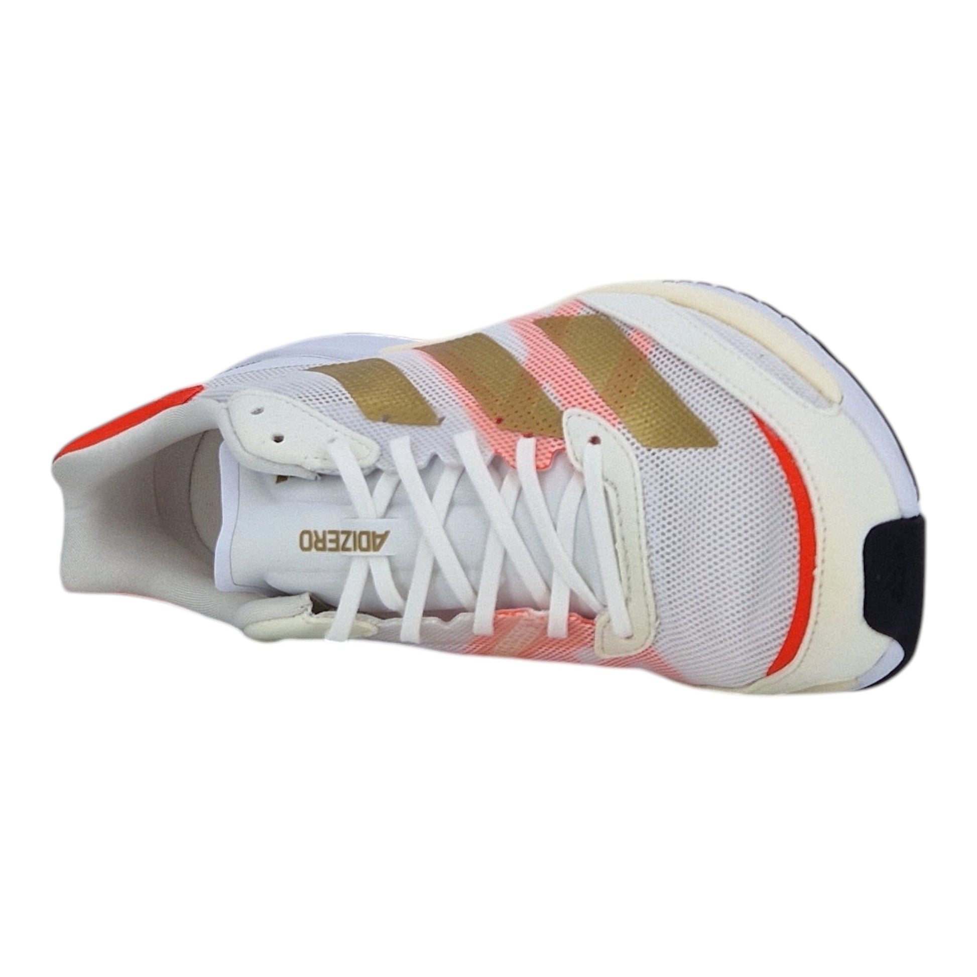 Brand Dealers Arena e.K. white Adidas Adizero Adios 6 running shoes with gold and coral accents, textile and synthetic upper, and lace-up closure.