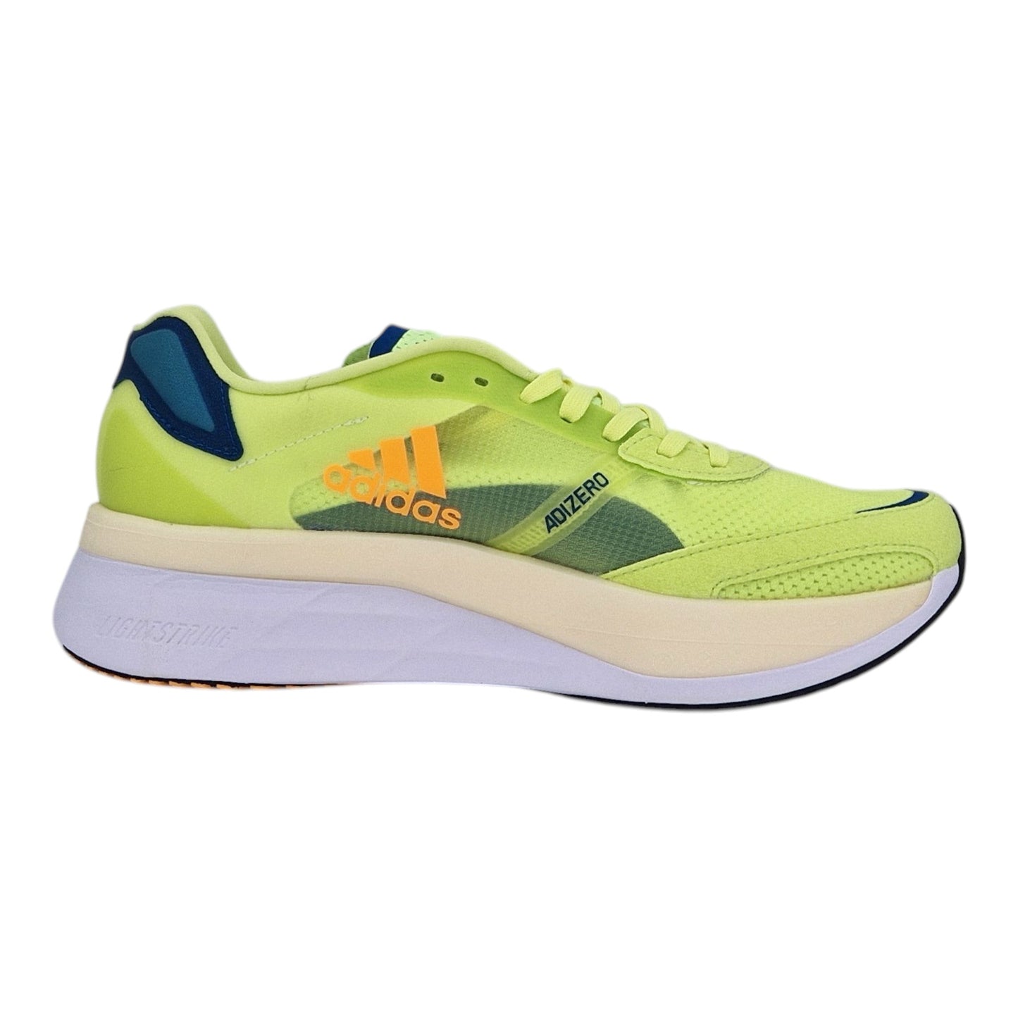 Brand Dealers Arena e.K. - BDA24 Adidas Adizero Boston 10 lime green textile and synthetic running shoes with orange Adidas logo and blue accents.