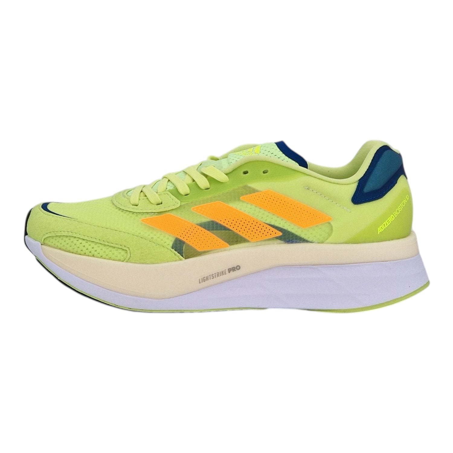 Brand Dealers Arena e.K. - BDA24 Adidas Adizero Boston 10 lime green running shoes with orange stripes and blue accents.