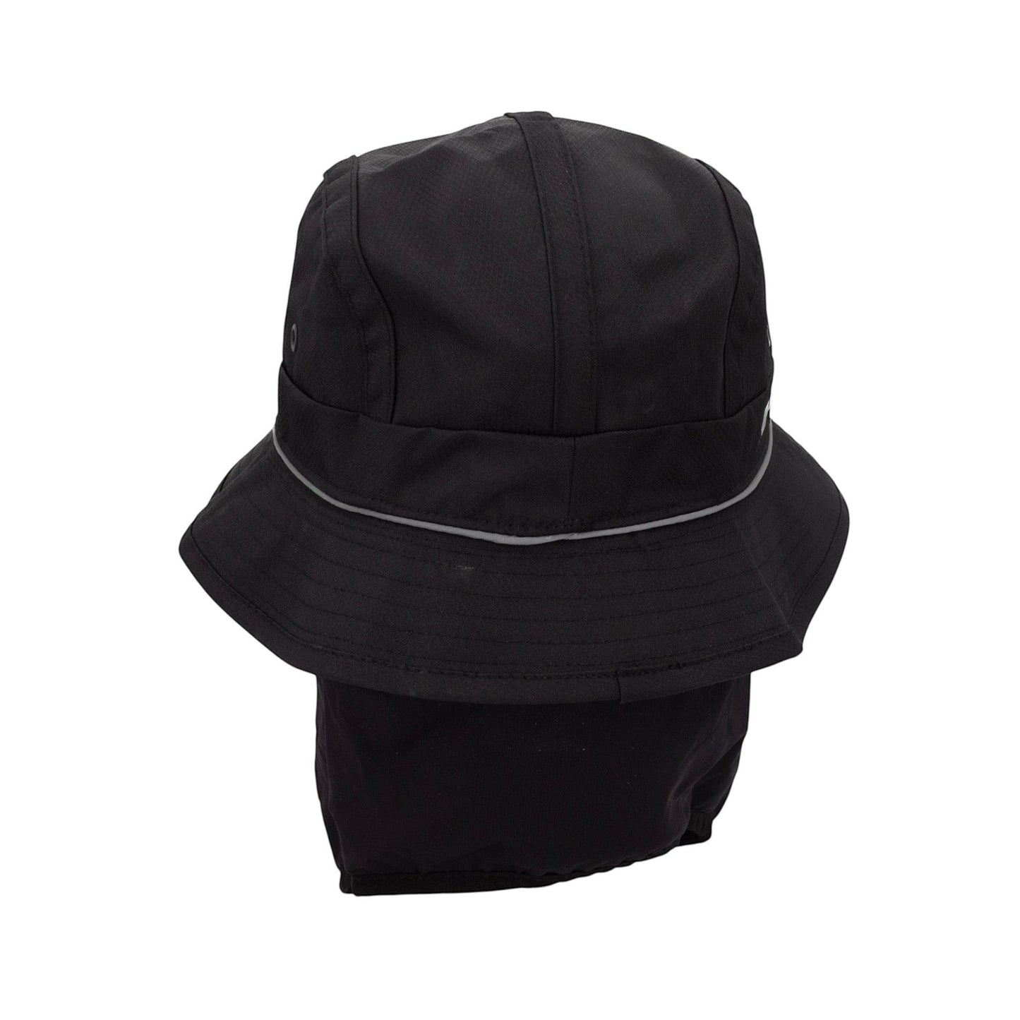 Brand Dealers Arena e.K. black polyester bucket hat with integrated face mask and reflective trim.
