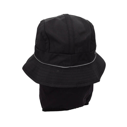 Brand Dealers Arena e.K. black polyester bucket hat with integrated face mask and reflective trim.