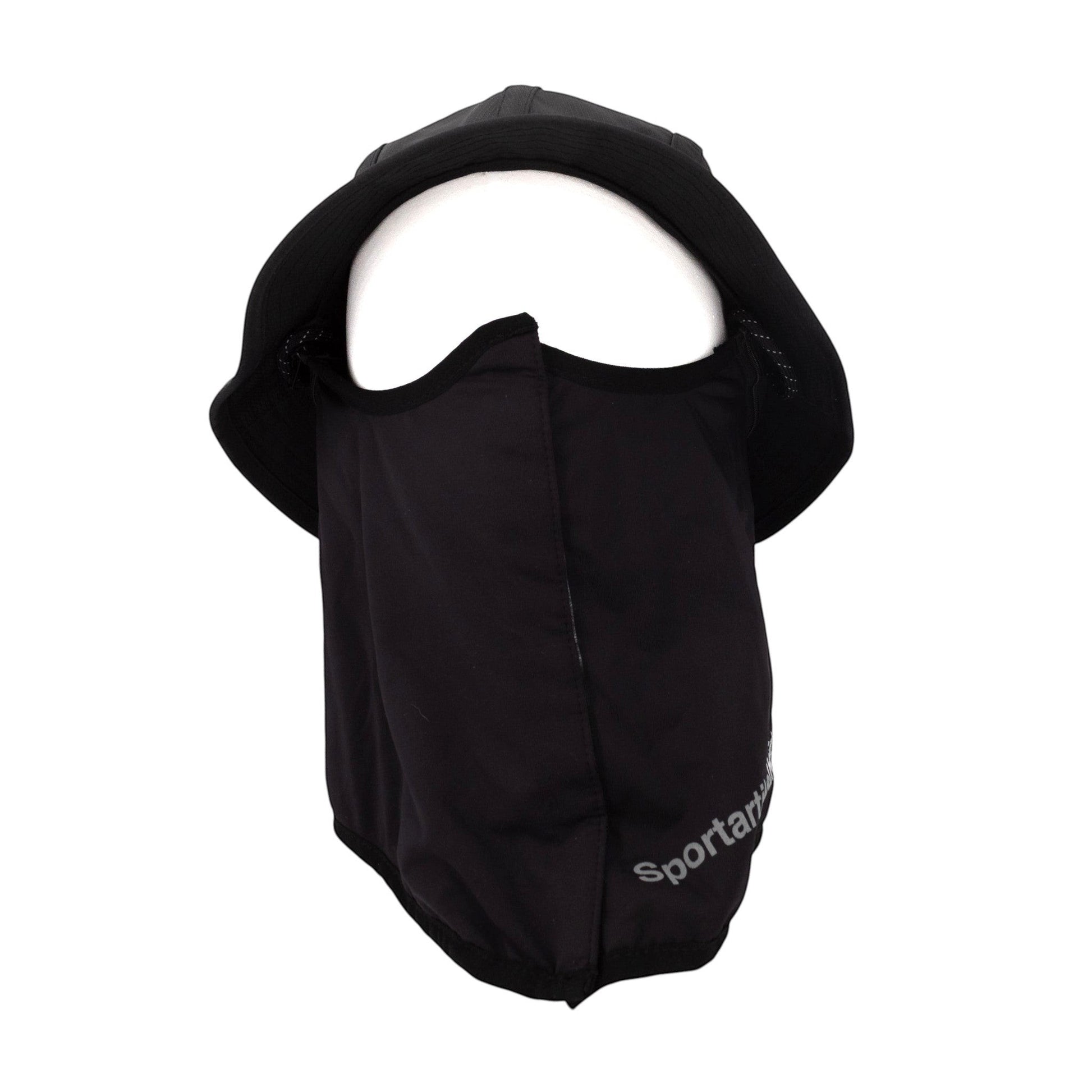Brand Dealers Arena e.K. black polyester bucket hat with integrated face mask and reflective details for outdoor use.
