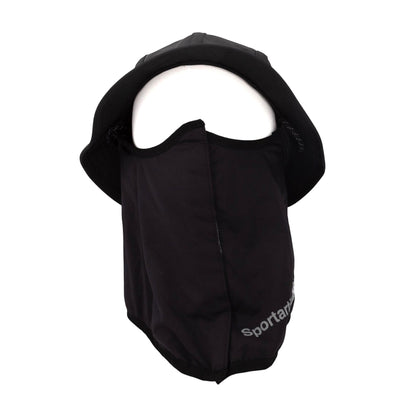 Brand Dealers Arena e.K. black polyester bucket hat with integrated face mask and reflective details for outdoor use.