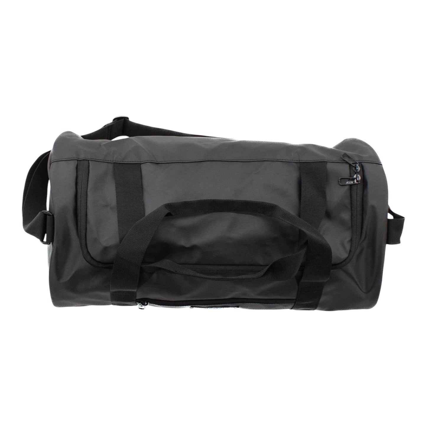 Brand Dealers Arena e.K. black polyester duffle bag with shoulder strap, large opening main compartment, and exterior pockets.