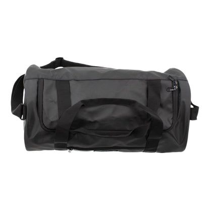 Brand Dealers Arena e.K. black polyester duffle bag with shoulder strap, large opening main compartment, and exterior pockets.