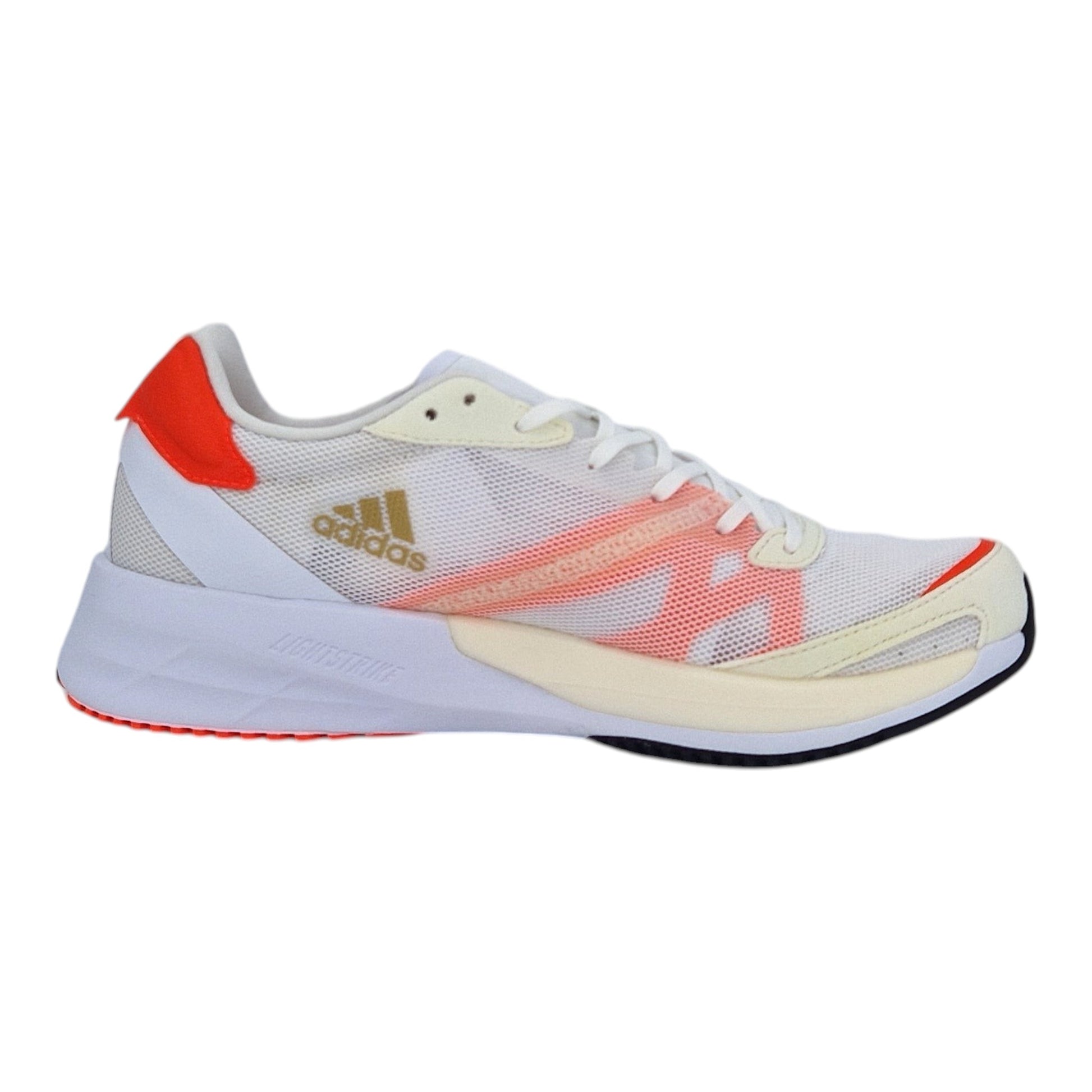 Brand Dealers Arena e.K. white Adidas Adizero Adios 6 running shoes with orange accents and gold Adidas logo.
