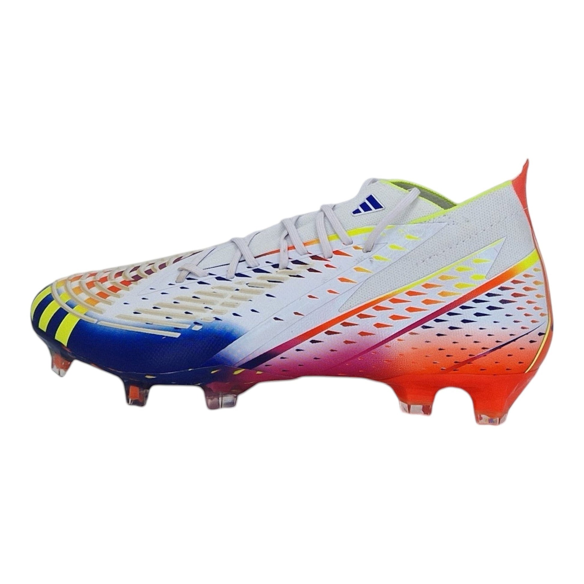 Brand Dealers Arena e.K. Adidas Predator Edge.1 FG football boots in white with blue, yellow, orange, and pink gradient accents and synthetic upper.