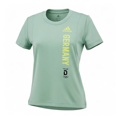 Brand Dealers Arena e.K. - BDA24 light green Adidas women's polyester t-shirt with GERMANY text and Olympic rings.