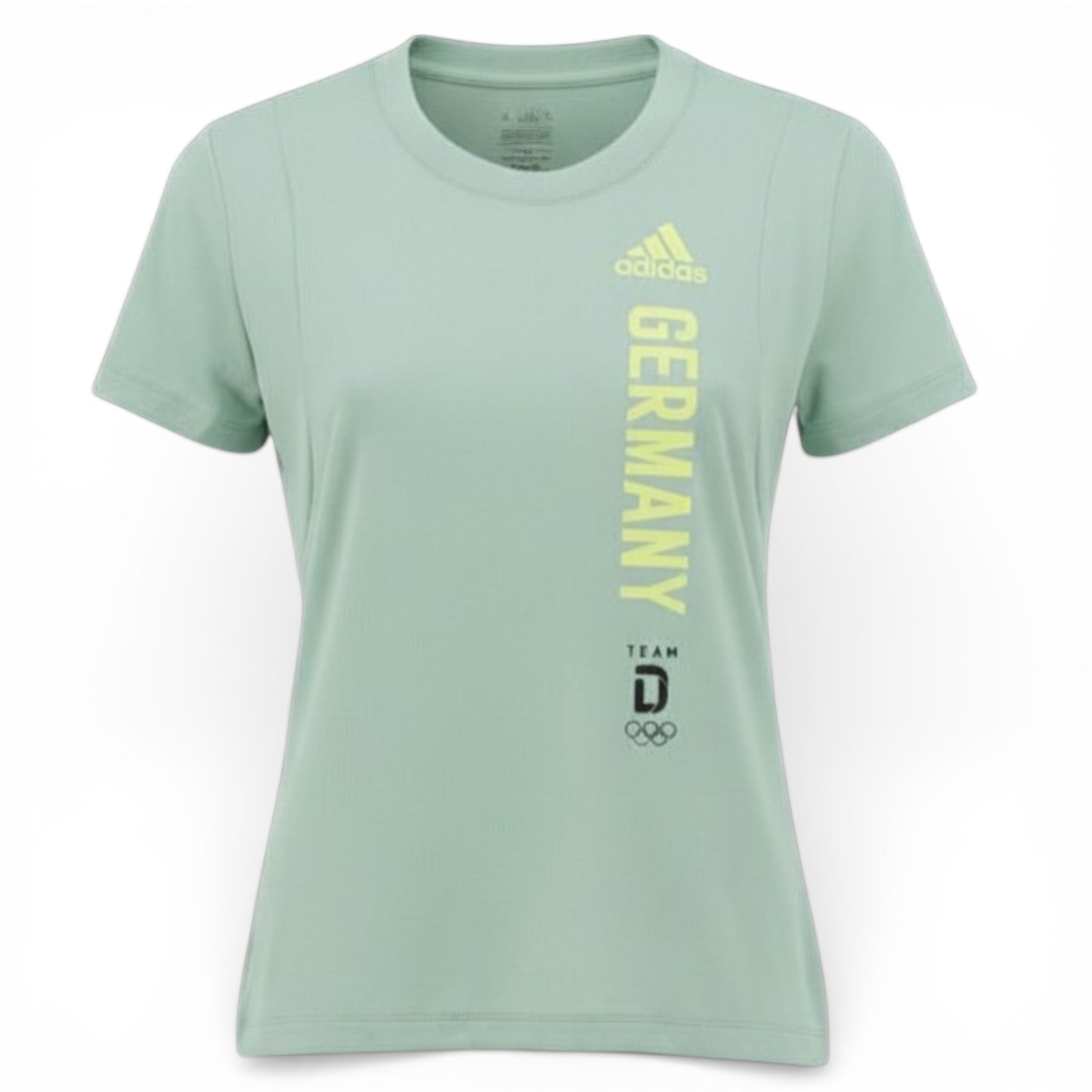 Brand Dealers Arena e.K. - BDA24 light green Adidas Olympia Tokyo 2020 women's t-shirt with vertical GERMANY text and Team D logo.