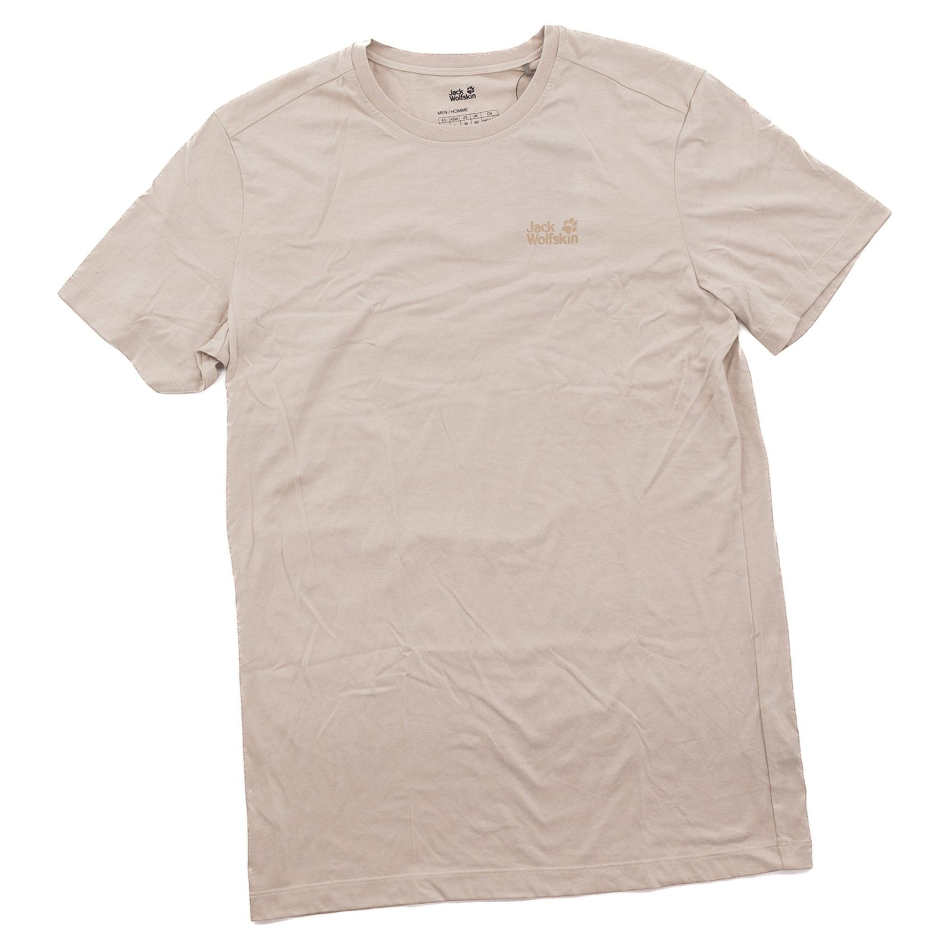 Brand Dealers Arena e.K. - BDA24 men's beige short-sleeve polyester t-shirt with Jack Wolfskin logo on chest.