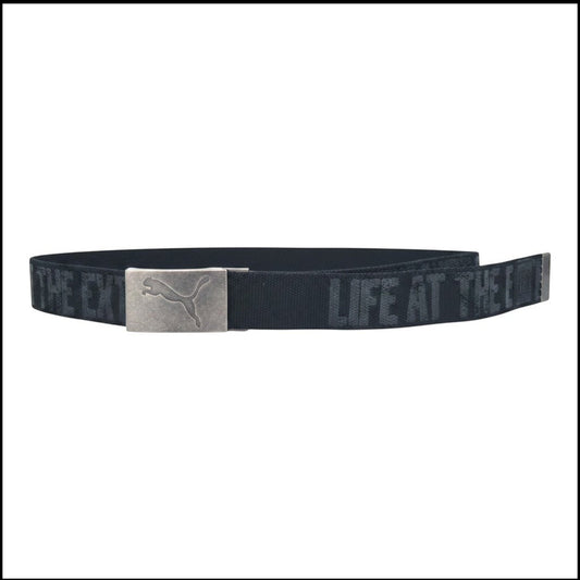 PUMA Gürtel aus Polyester in Schwarz mit "LIFE AT THE EXTREME"-Aufdruck und silberner PUMA-Schnalle.