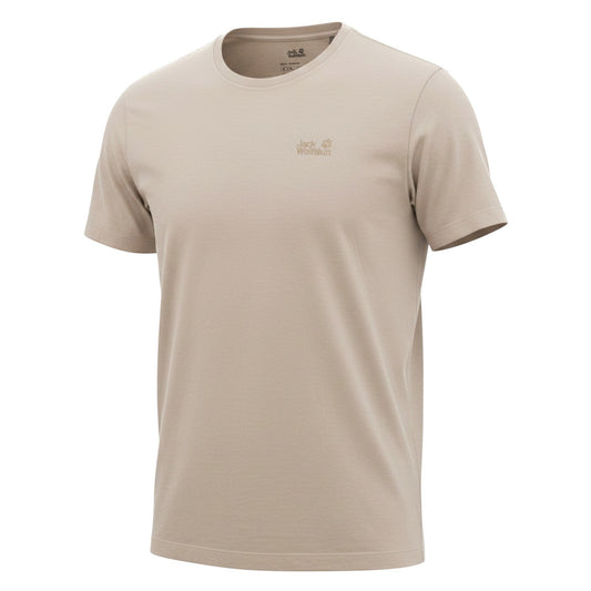 Brand Dealers Arena e.K. - BDA24 Jack Wolfskin men's beige short-sleeve polyester t-shirt with crew neck and subtle logo.