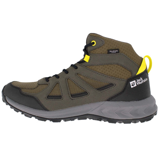Brand Dealers Arena e.K. - BDA24 Jack Wolfskin men's olive green Texapore waterproof hiking boots with yellow accents and mid-height shaft.
