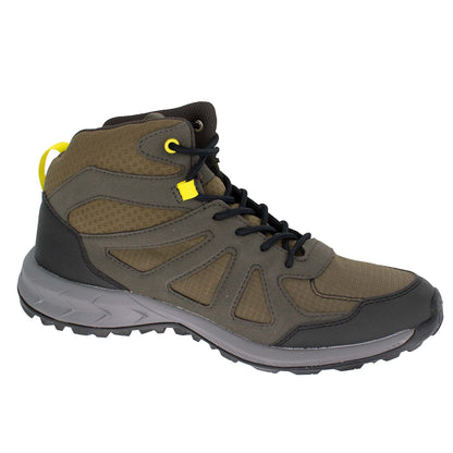 Brand Dealers Arena e.K. - BDA24 Jack Wolfskin Woodland men's mid-height hiking boots in olive green textile and synthetic with yellow accents and rubber sole.