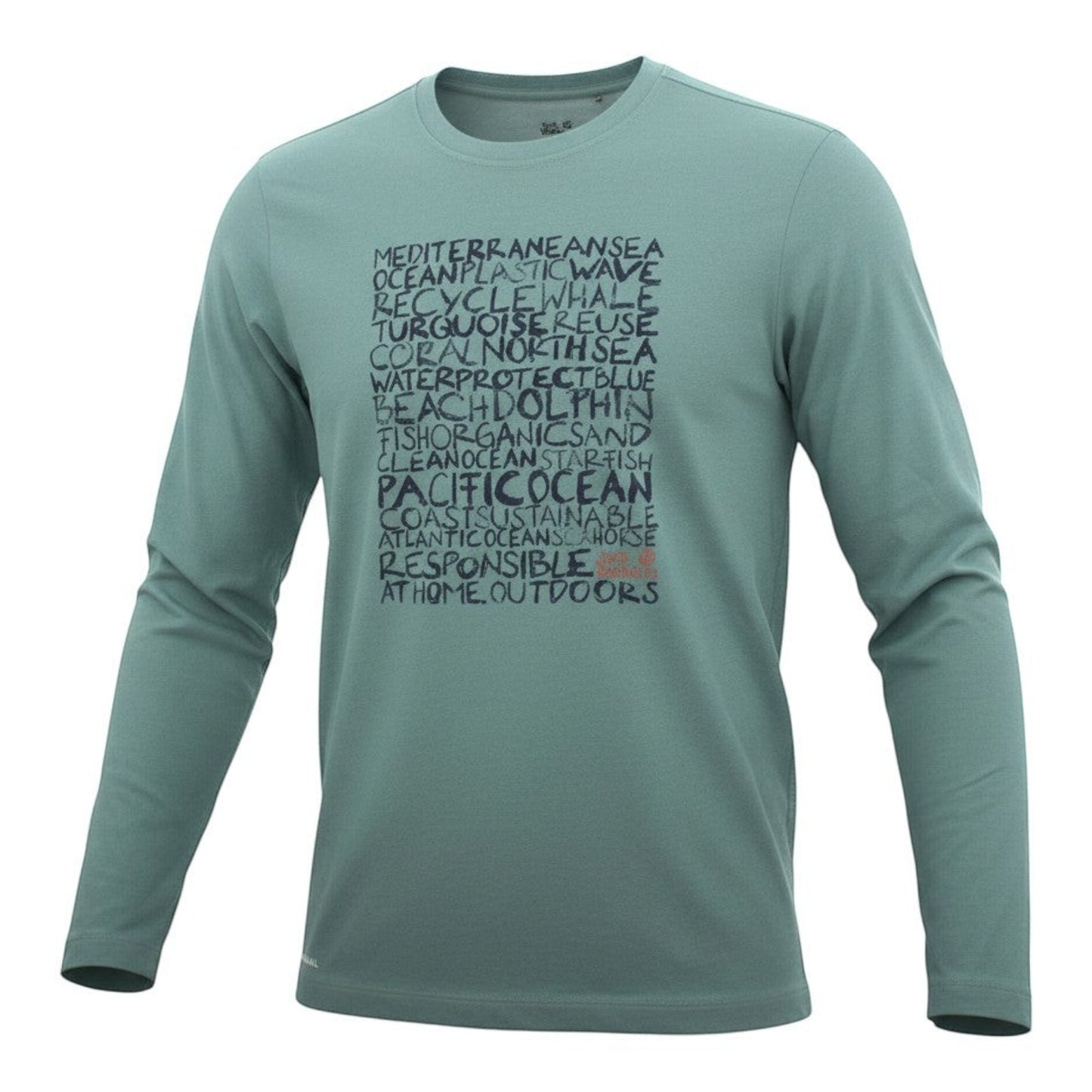 Brand Dealers Arena e.K. - BDA24 Jack Wolfskin men's long-sleeve shirt in teal, made of 100% polyester with a round neck and ocean-themed graphic print.