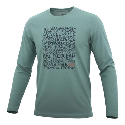 Brand Dealers Arena e.K. - BDA24 Jack Wolfskin men's long-sleeve shirt in teal, made of 100% polyester with a round neck and ocean-themed graphic print.