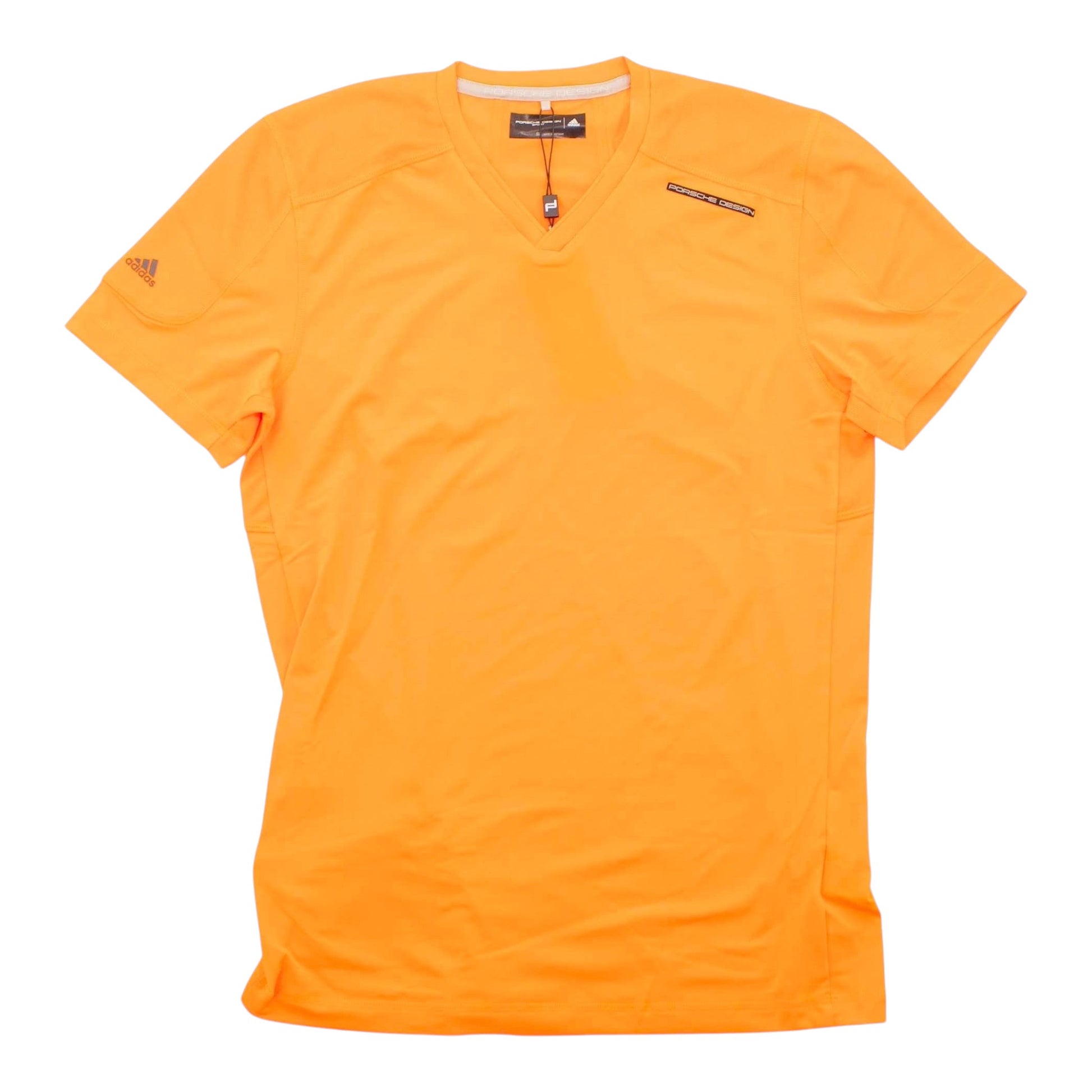 Brand Dealers Arena Porsche Design orange V-neck t-shirt with short sleeves, made of polyester and elastane, featuring breathable fabric and a zip pocket.