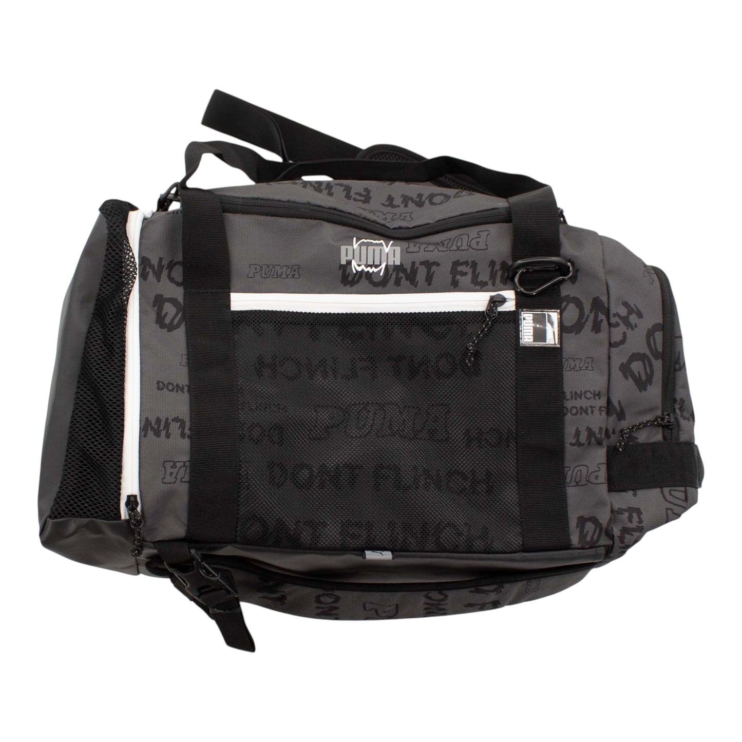 Brand Dealers Arena e.K. - BDA24 Puma basketball duffle bag in grey with all-over 'Puma Dont Flinch' print, mesh side pocket, and adjustable straps.