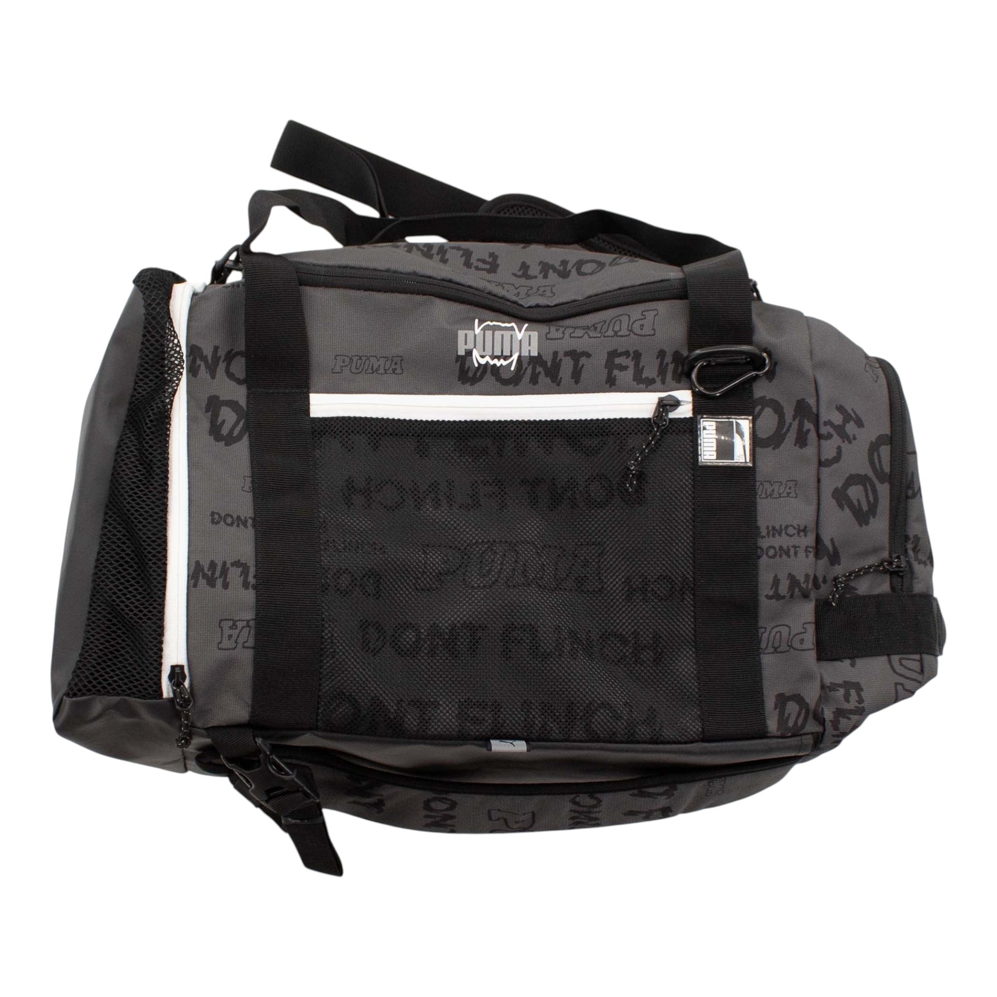 Brand Dealers Arena e.K. - BDA24 Puma basketball duffle bag in grey with all-over 'Puma Dont Flinch' print, mesh side pocket, and adjustable straps.