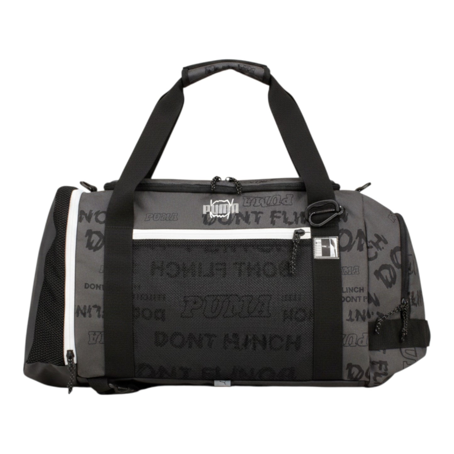 Brand Dealers Arena e.K. - BDA24 Puma basketball duffle bag in grey with all-over 'Puma Dont Flinch' print, mesh side pocket, and adjustable shoulder strap.