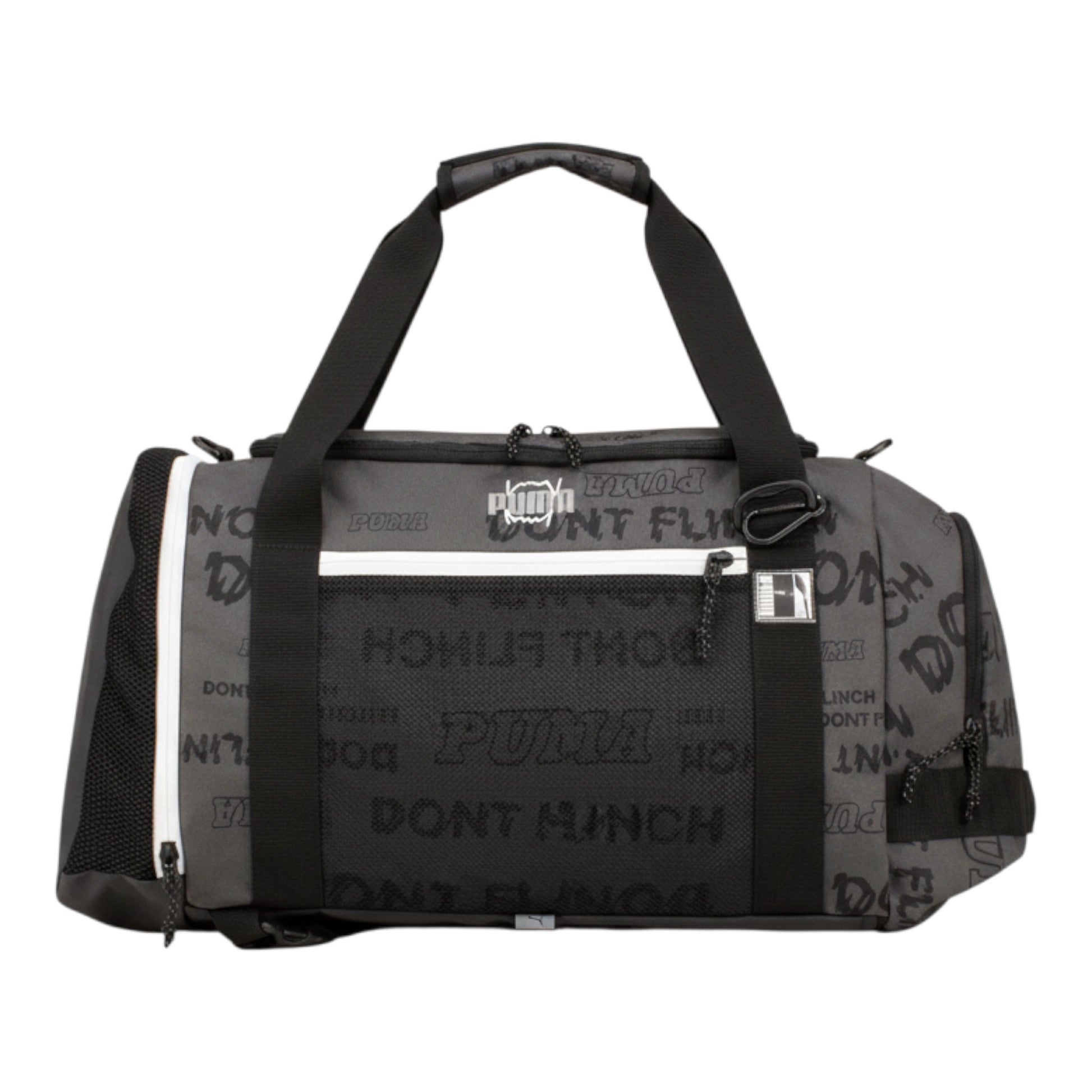Brand Dealers Arena e.K. - BDA24 Puma basketball duffle bag in grey with all-over 'Puma Dont Flinch' print, mesh side pocket, and adjustable shoulder strap.