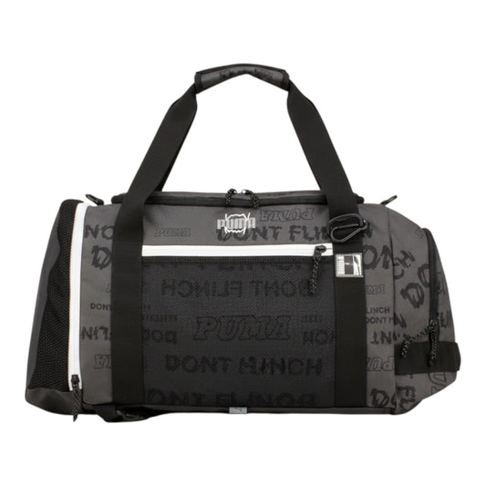 Brand Dealers Arena e.K. - BDA24 Puma basketball duffle bag in grey with all-over 'Puma Dont Flinch' print, mesh side pocket, and adjustable shoulder strap.