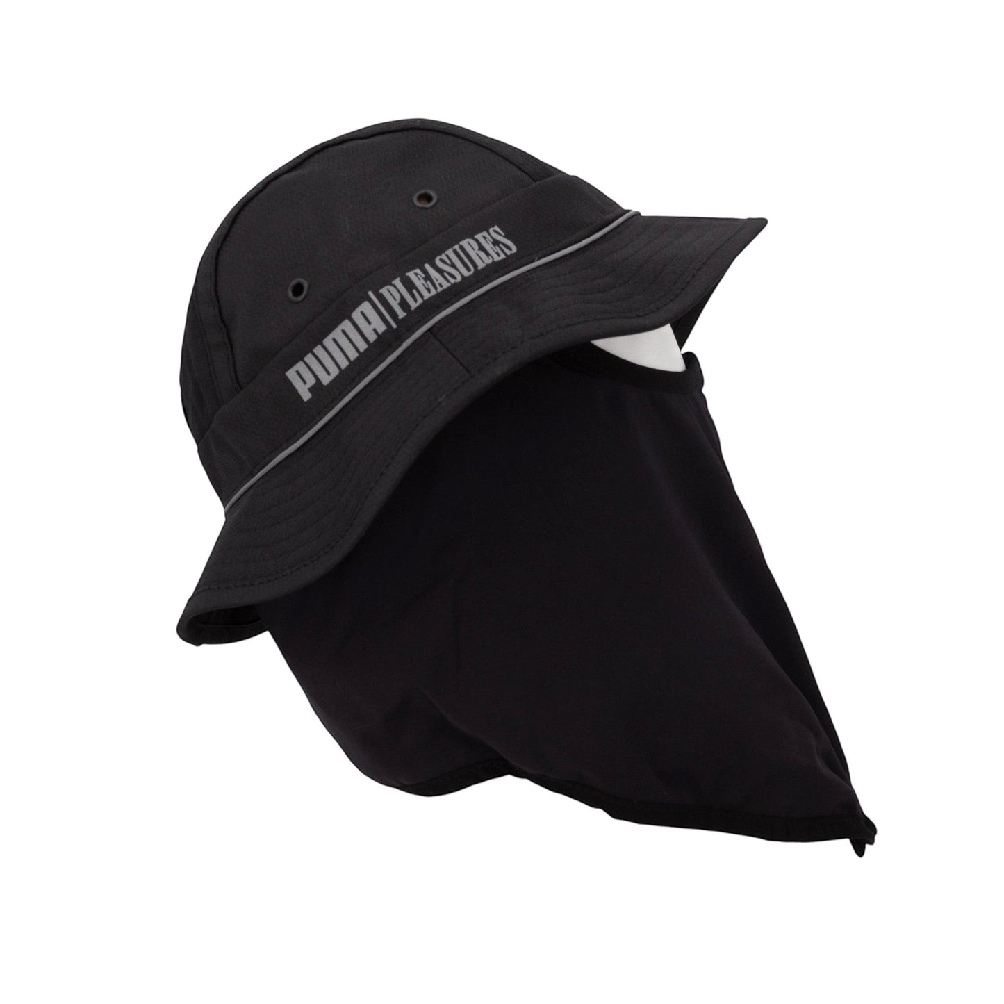 Black Puma X Pleasures bucket hat with integrated face mask and reflective trim. 100% polyester.