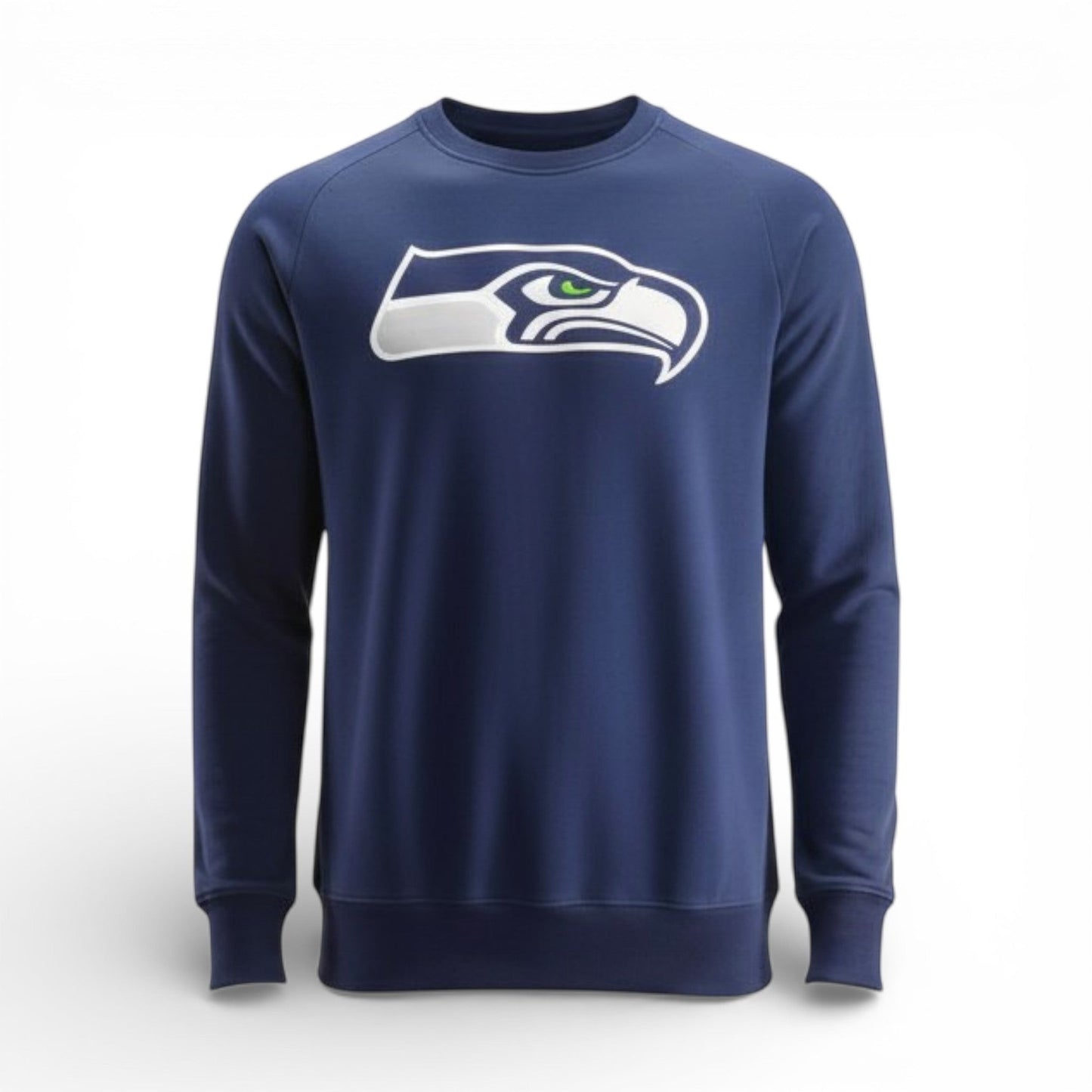 Brand Dealers Arena e.K. navy blue crew neck sweatshirt with Seattle Seahawks logo on chest, long sleeves, and ribbed cuffs and hem. Made of cotton and polyester.