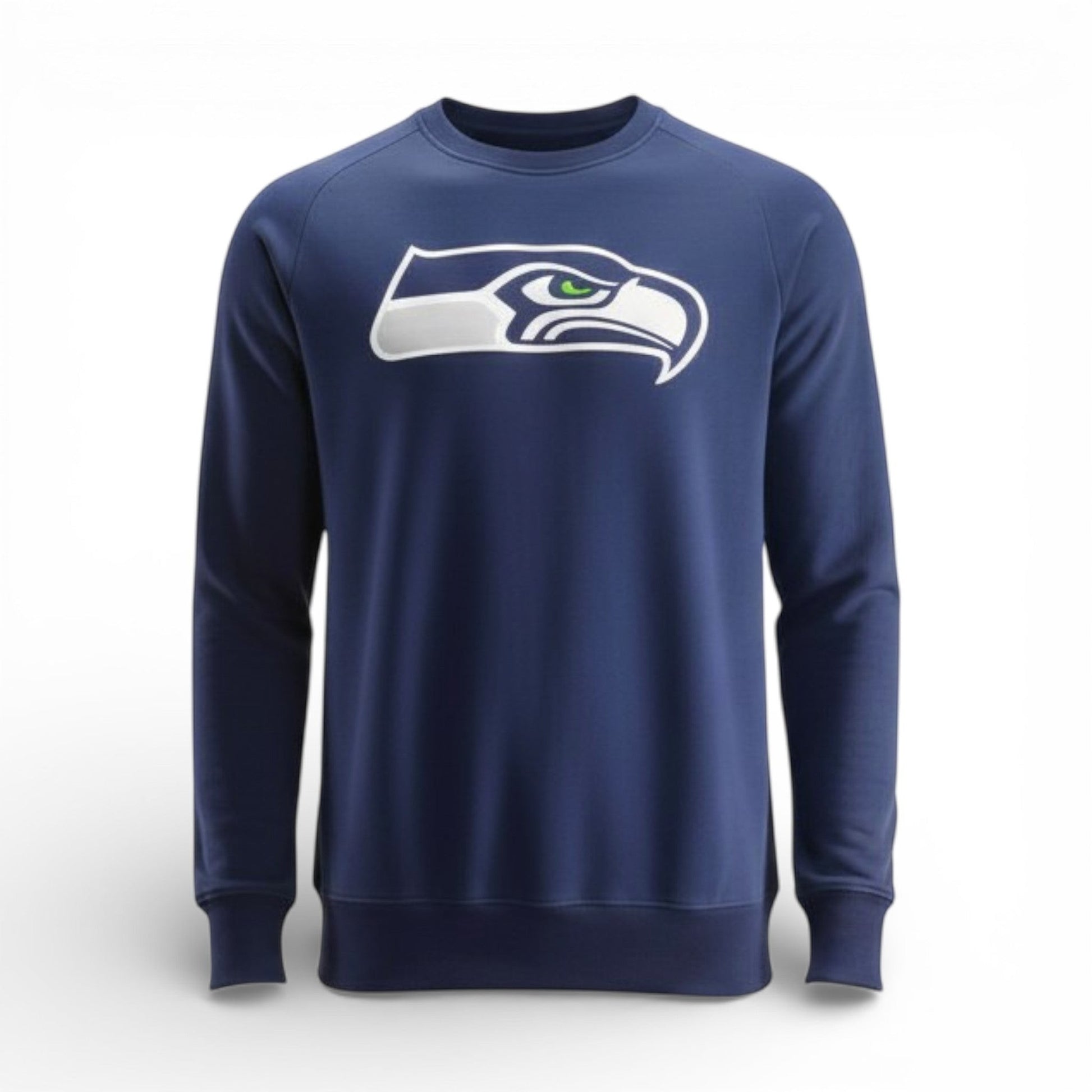 Brand Dealers Arena e.K. navy blue crew neck sweatshirt with Seattle Seahawks logo on chest, long sleeves, and ribbed cuffs and hem. Made of cotton and polyester.