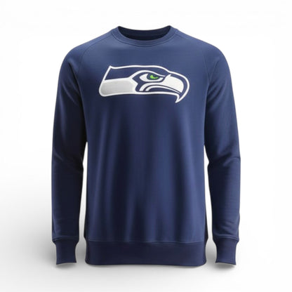 Brand Dealers Arena e.K. navy blue crew neck sweatshirt with Seattle Seahawks logo on chest, long sleeves, and ribbed cuffs and hem. Made of cotton and polyester.