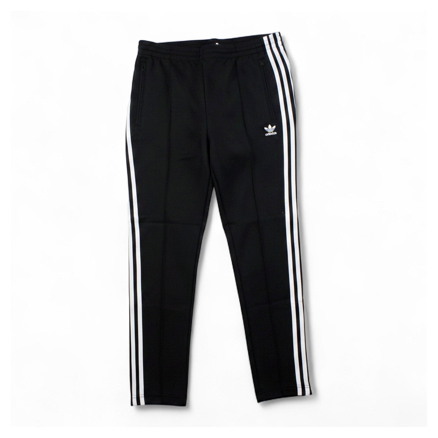 Brand Dealers Arena e.K. black polyester-cotton track pants with white Adidas 3-stripes and Trefoil logo.