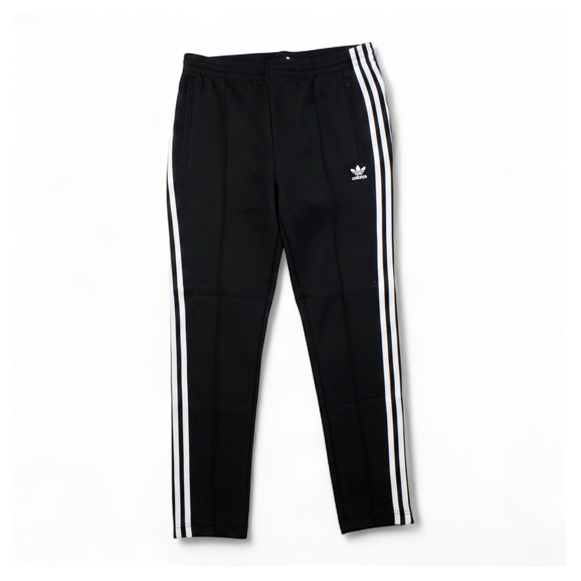 Brand Dealers Arena e.K. black polyester-cotton track pants with white Adidas 3-stripes and Trefoil logo.
