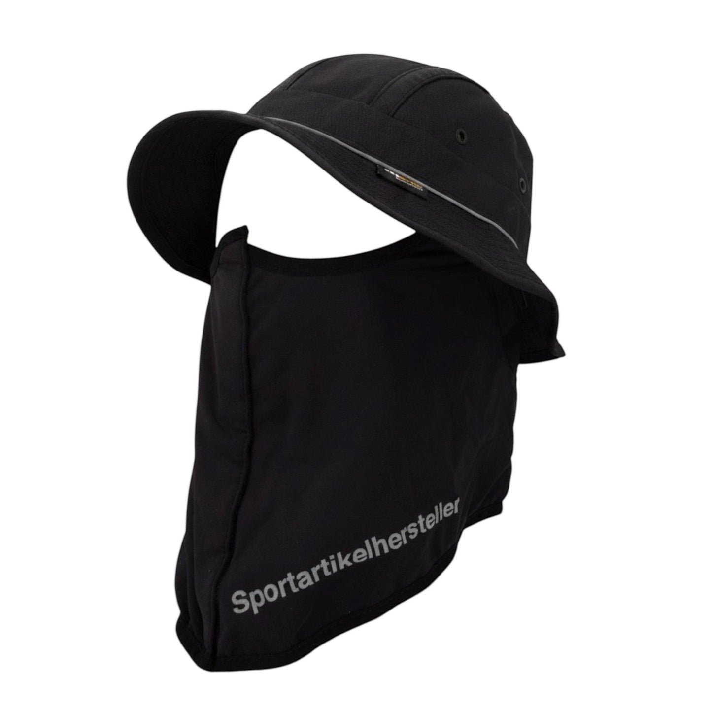 Brand Dealers Arena e.K. black polyester bucket hat with integrated face mask and reflective trim.