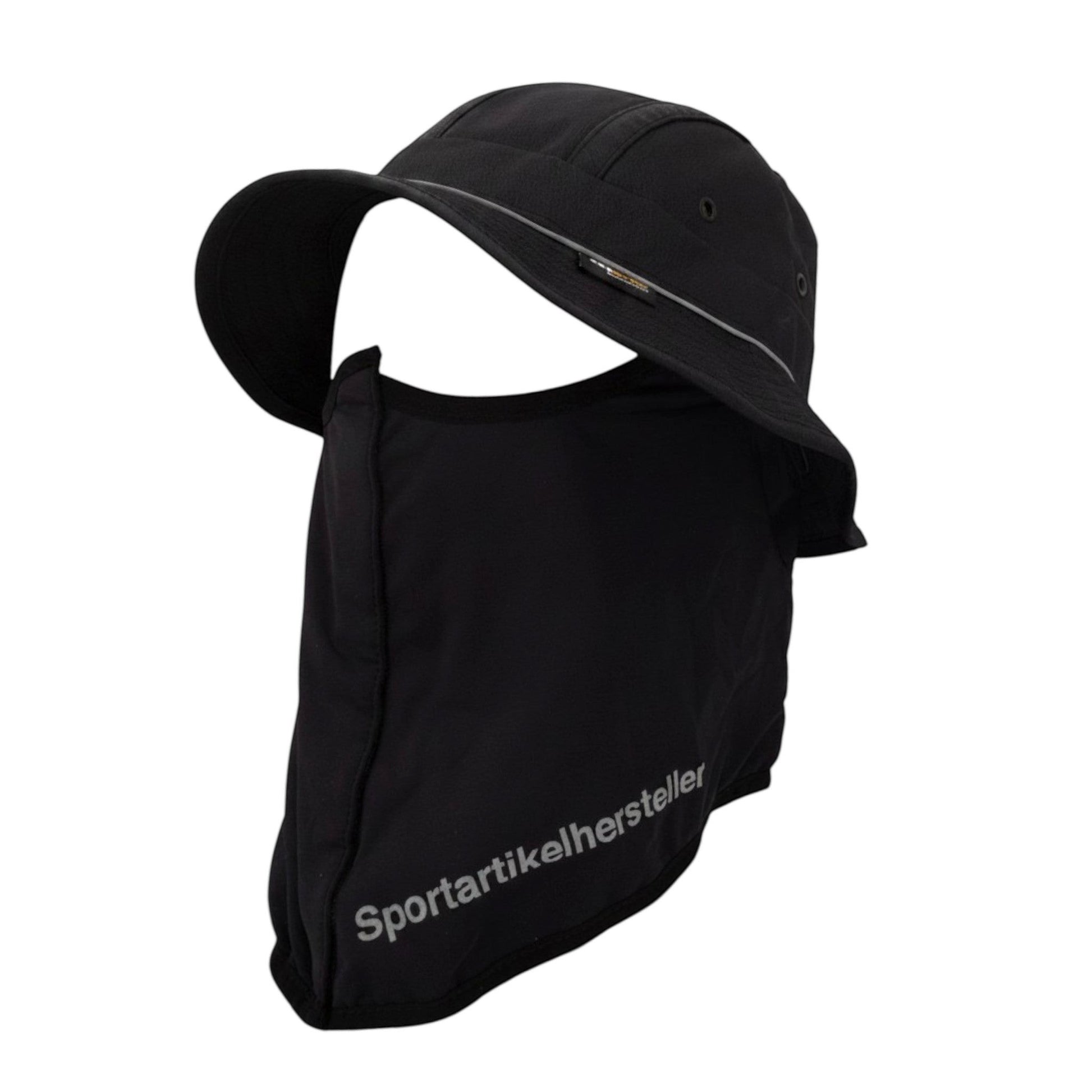 Brand Dealers Arena e.K. black polyester bucket hat with integrated face mask and reflective trim.