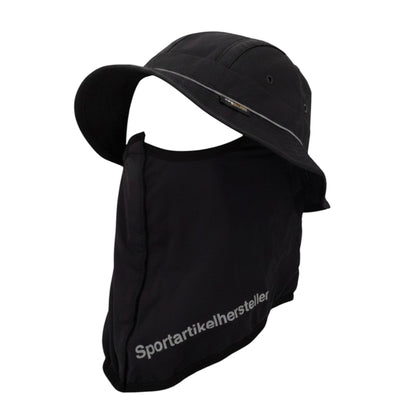 Brand Dealers Arena e.K. black polyester bucket hat with integrated face mask and reflective trim.