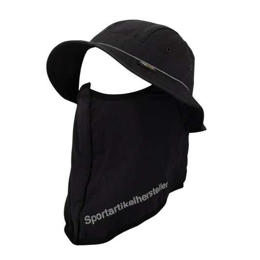 Brand Dealers Arena e.K. black polyester bucket hat with integrated face mask and reflective trim.
