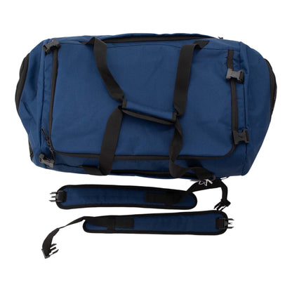 Brand Dealers Arena e.K. blue 50L polyester duffle bag with black straps, convertible to backpack, large opening main compartment, and reflective details.